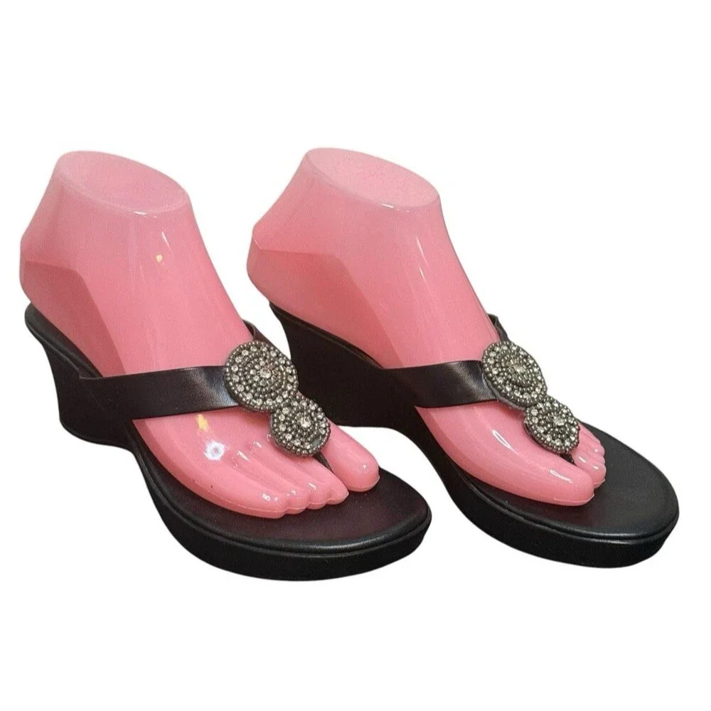 Italian Shoemakers Black Leather Wedge Sandals Rhinestone Size 7 Italy Comfort